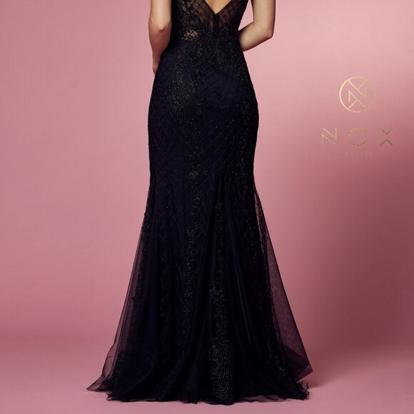 BLACK LONG PROM SLEEVELESS MERMAID DRESS WITH DEEP V-NECK DESIGN NXA398 - Picture 6 of 7